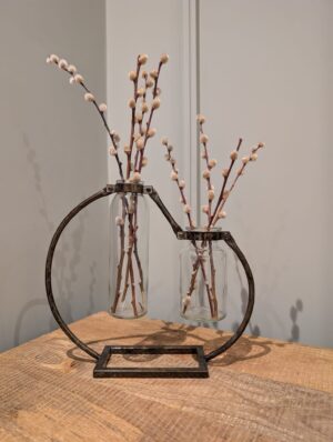 Duo Of Rustic Bottle Flower Vases In Metal Holder – HR5625